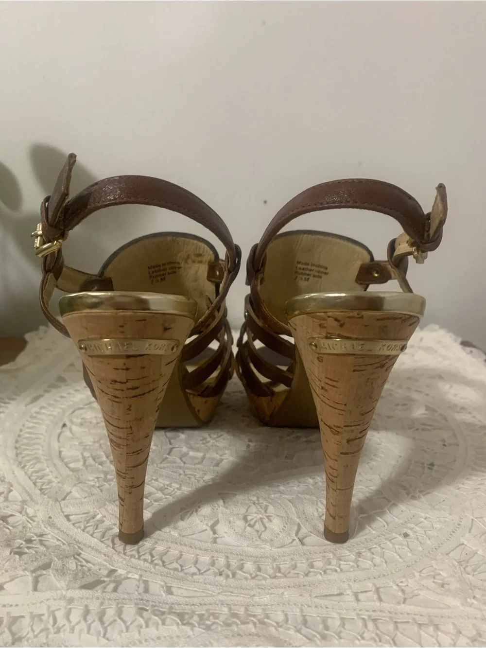 Michael Kors Laci Cork Heel Gold Rivets Ankle Buckle Size 7 1/2 MK Heel Monogram